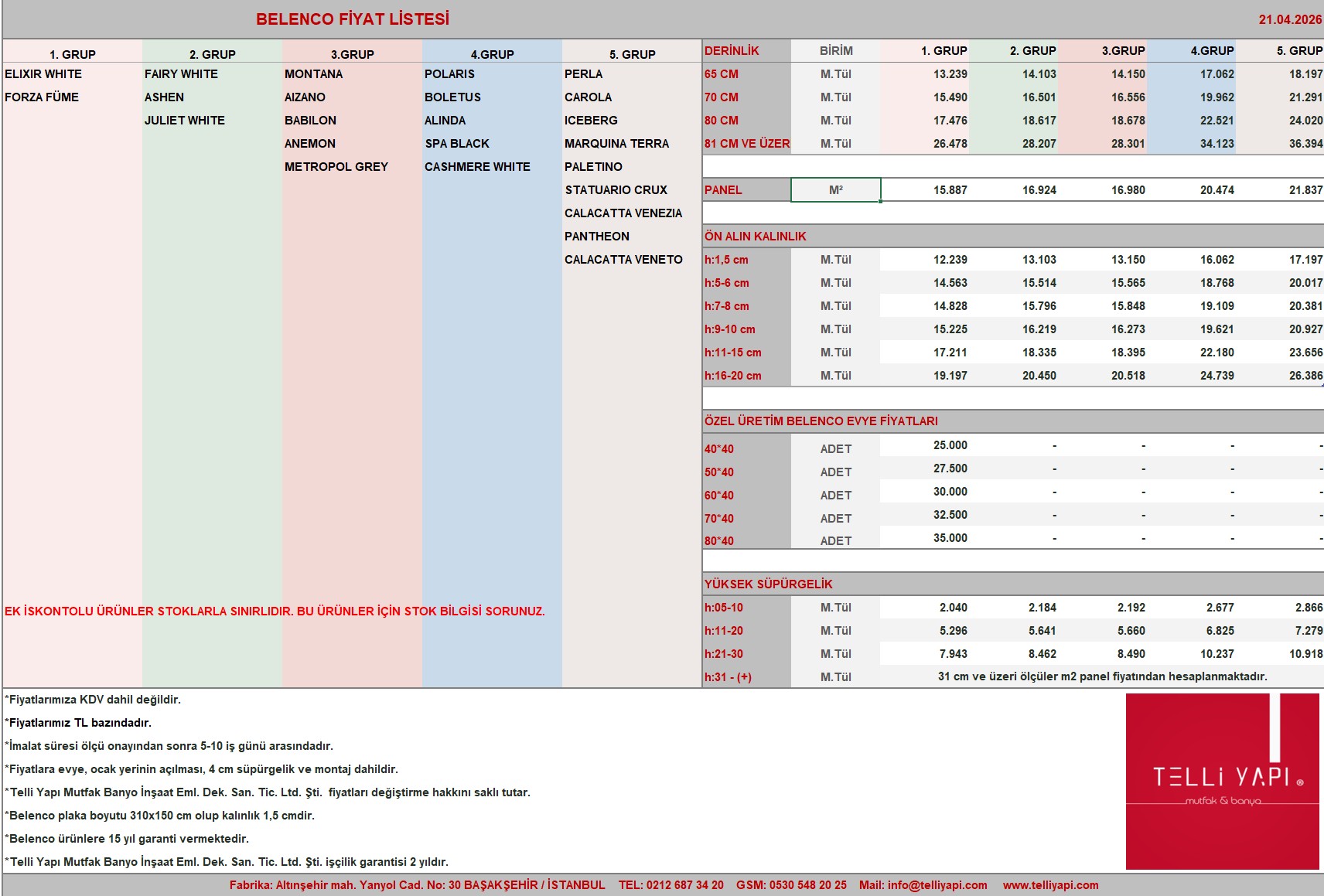 Belenco Fiyat Listesi